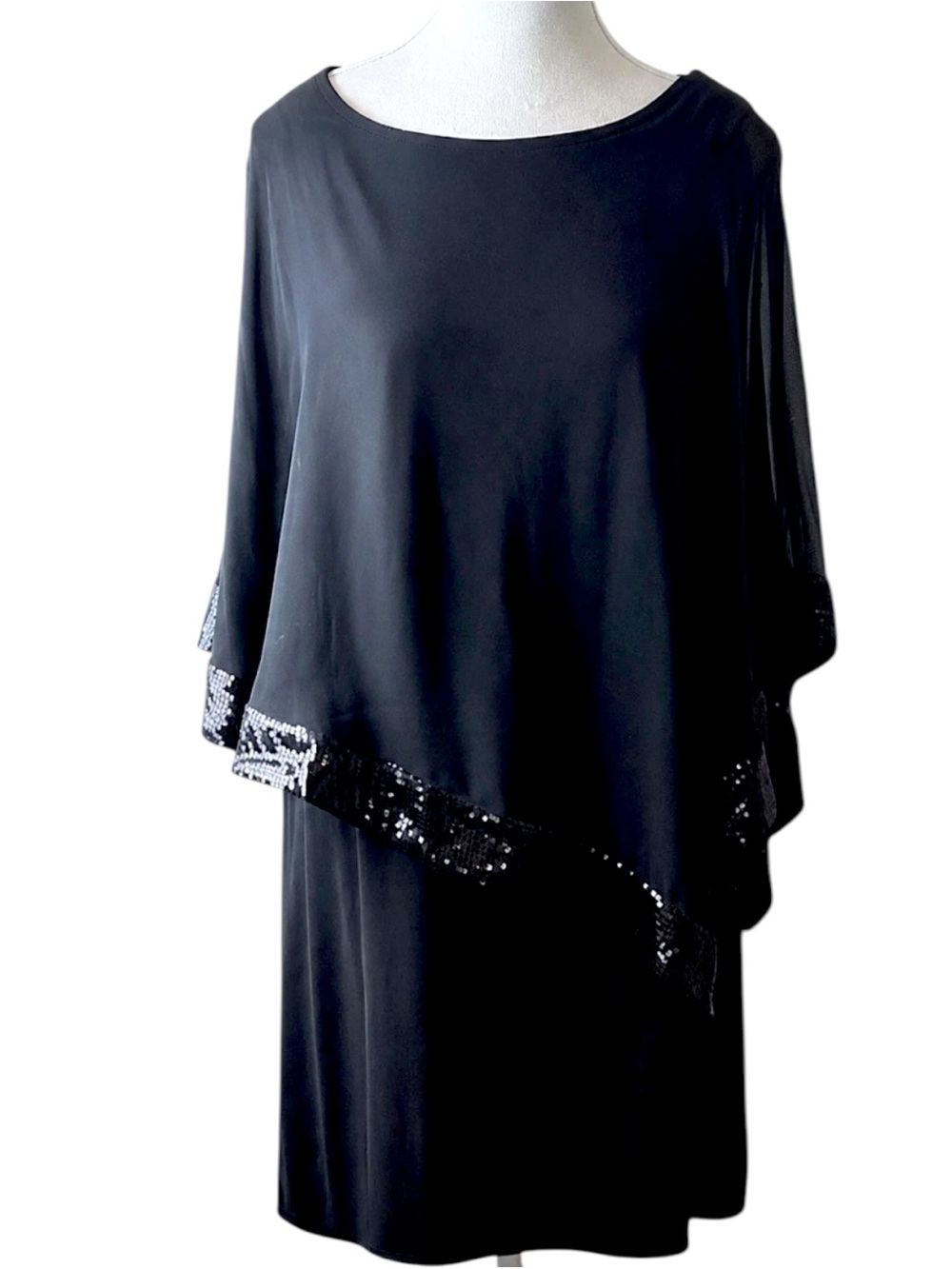 MSK Black Sequin Cape Overlay Sheath Dress Women’s Size 10 Cocktail Party Midi